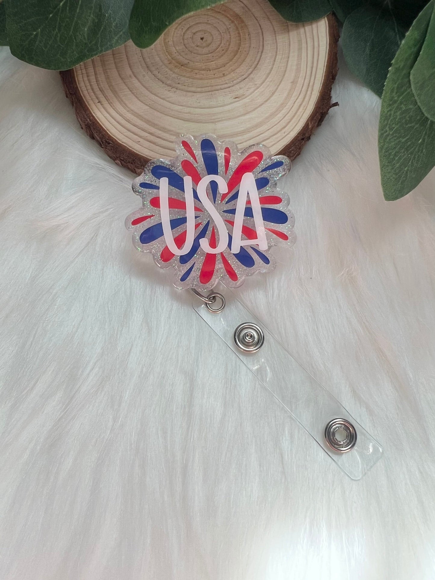USA Fireworks Badge Reel--Patriotic Badge Reel-Independence Day Badge Reel-Memorial Day Gift-Glitter Badge Reel-Nurse Badge Reel