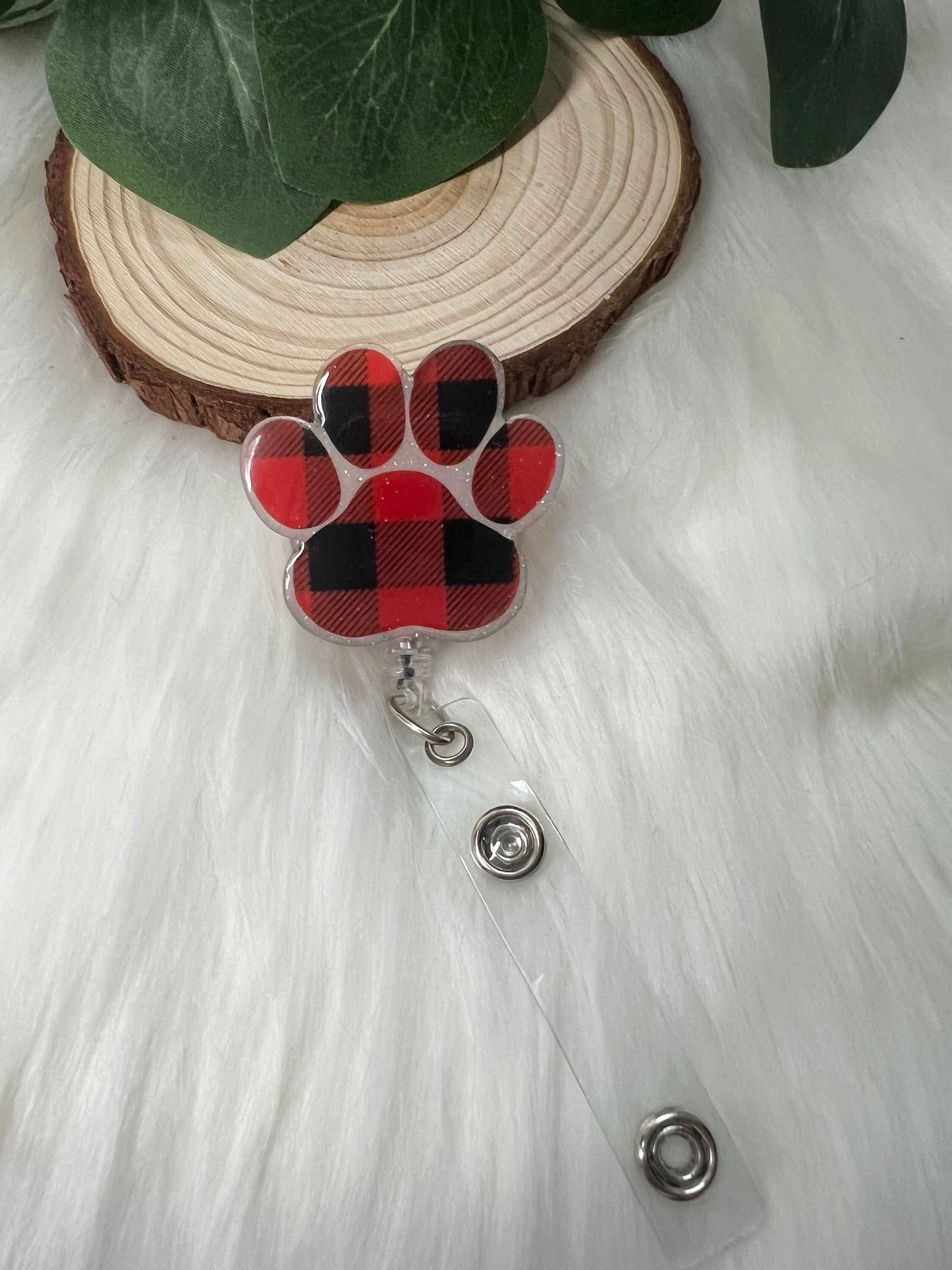 Plaid Paw Print Badge Reel--Dog Print Badge Reel-Dog Mom Badge Reel-Dog Mom Gifts-Corgi Gift-Vet Gift-Glitter Badge Reel-Nurse Badge Reel