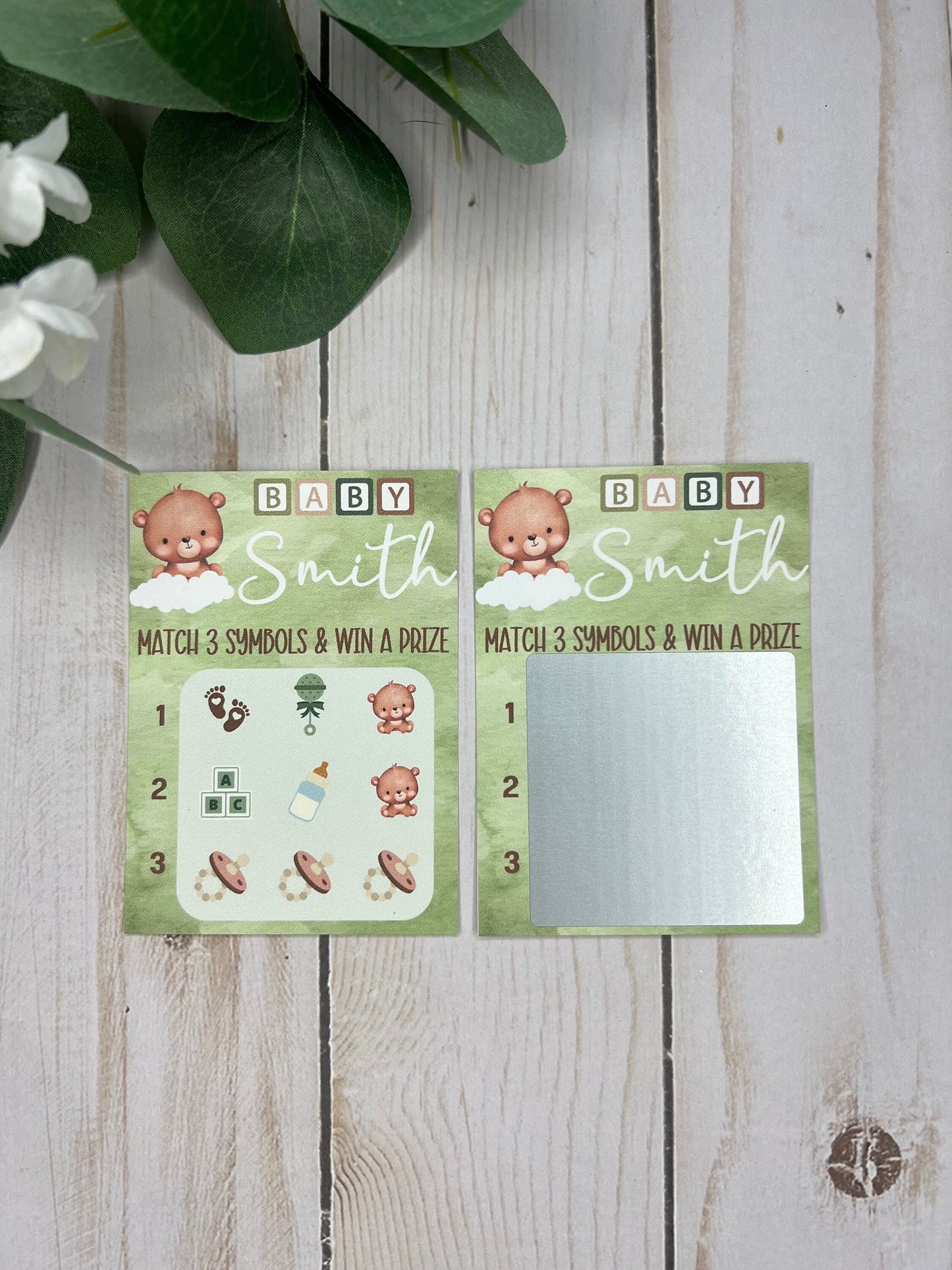 Green Boy Teddy Bear Scratch Game--Baby Lottery Game-Diaper Raffle Ticket-Custom Baby Game-Green Baby Shower Reveal-Sage Scratch Off Game