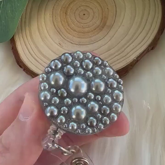 Dark Gray Pearl Badge Reel--Heart Badge Reel-Pearl Badge Reel-Pearl Badge Holder-Badge Reel Cute-Glitter Badge Reel-Flashy Badge