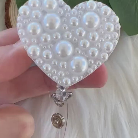 White Pearl Badge Reel--Heart Badge Reel-Pearl Badge Reel-Pearl Badge Holder-Badge Reel Cute-Glitter Badge Reel-Flashy Badge