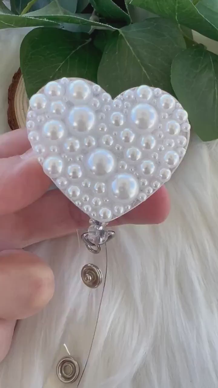 White Pearl Badge Reel--Heart Badge Reel-Pearl Badge Reel-Pearl Badge Holder-Badge Reel Cute-Glitter Badge Reel-Flashy Badge