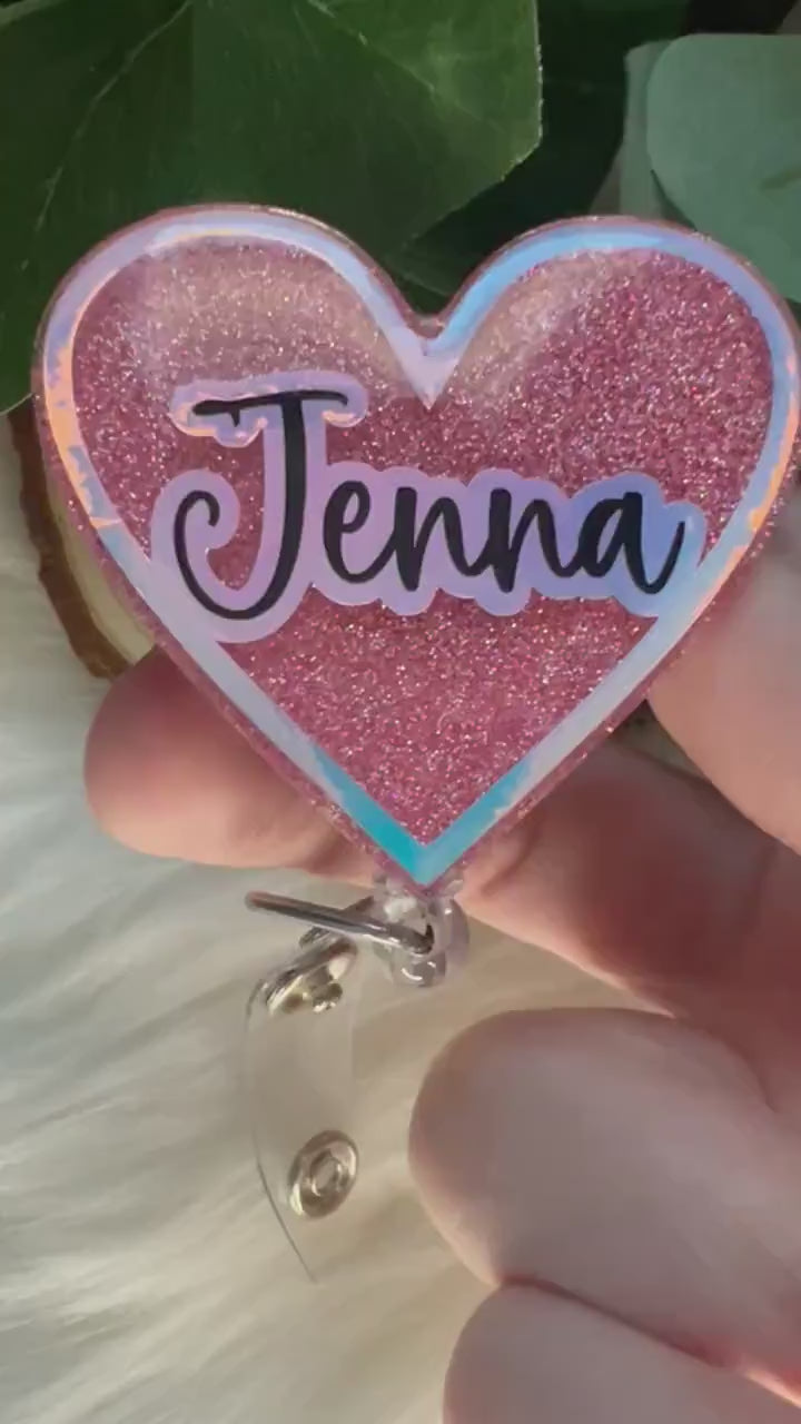 Holographic Name Heart Badge Reel--Heart Badge Reel-Cupid Badge Reel-Love Day Gift-Valentine's Gift-Glitter Badge Reel-Flashy Badge Reel