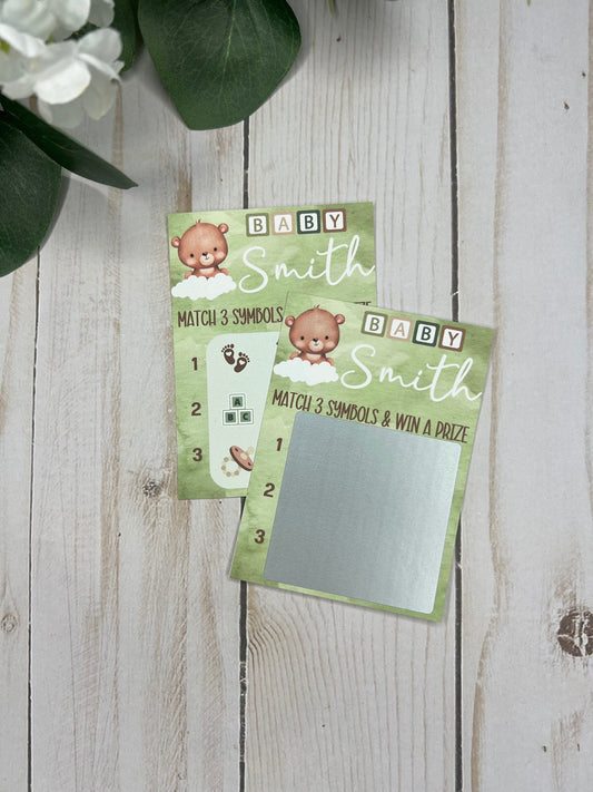 Green Boy Teddy Bear Scratch Game--Baby Lottery Game-Diaper Raffle Ticket-Custom Baby Game-Green Baby Shower Reveal-Sage Scratch Off Game