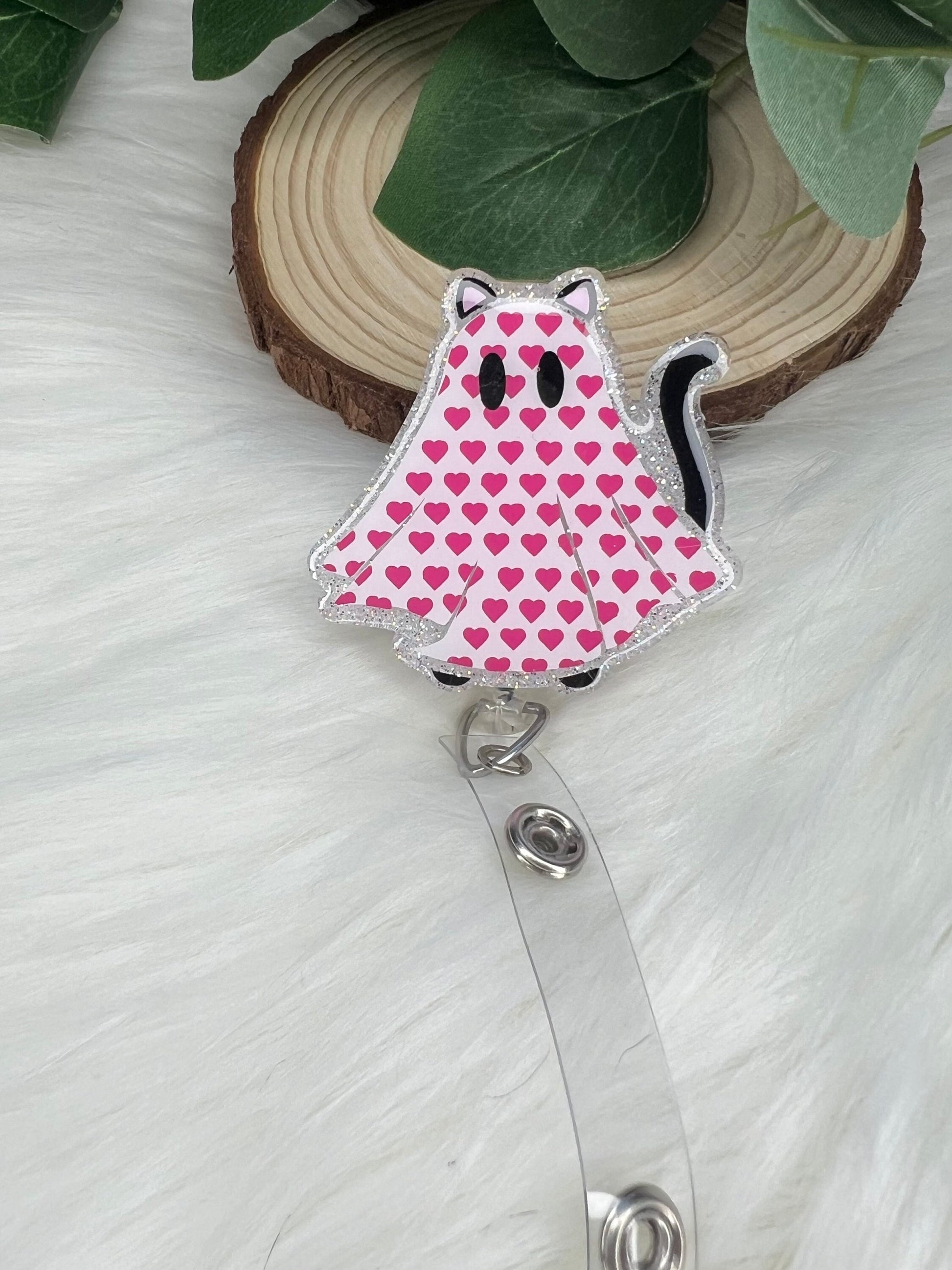 Glitter Ghost Cat Badge Reel--Valentines Badge Reel-Nurse Badge Reel-Love Badge Reel-Glitter Badge Reel-Festive Badge Reel-Love Ghost Badge