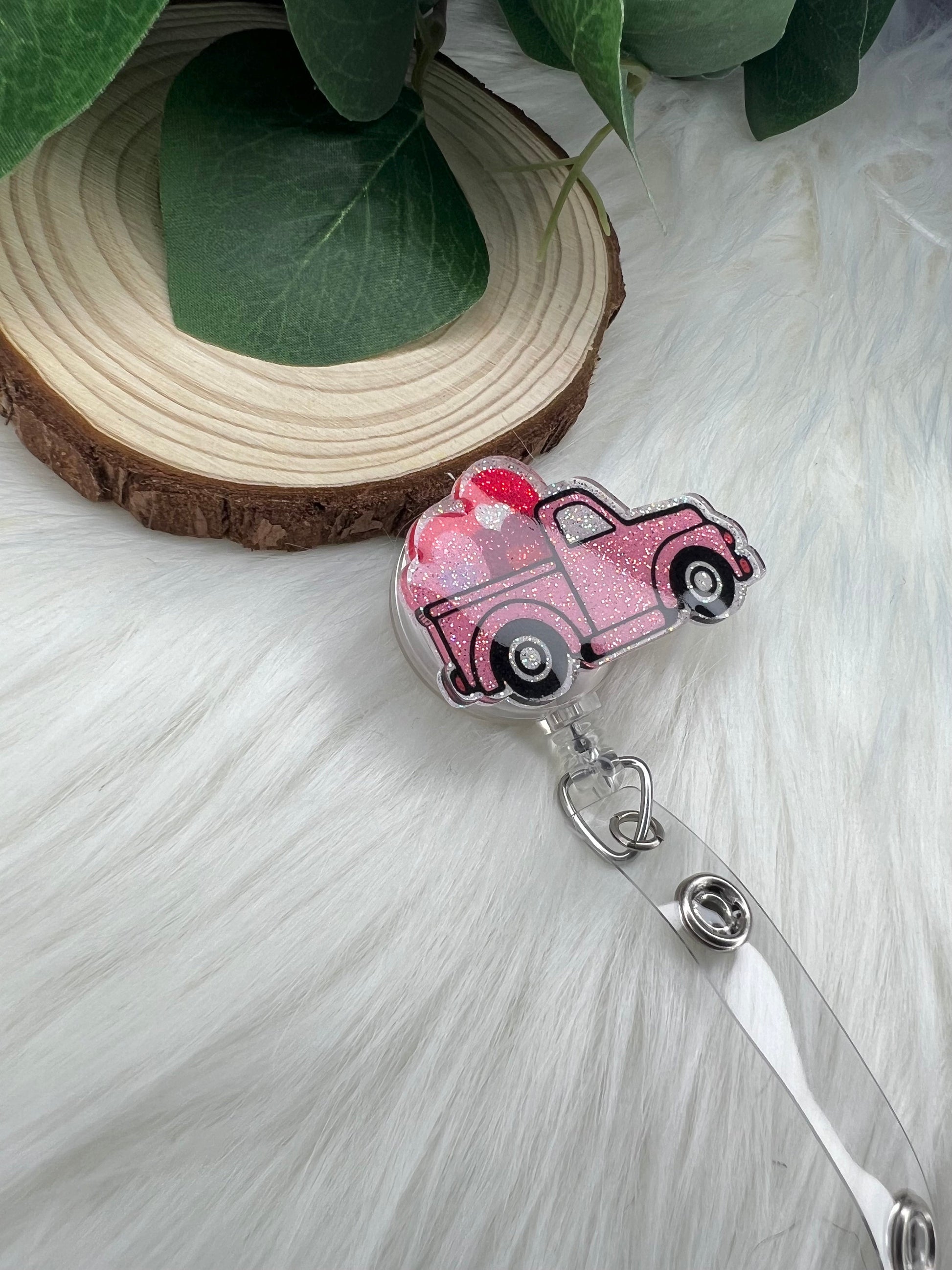 Pink Heart Valentines Truck Glitter Badge Reel--Valentines Badge Reel-Love Day Badge Reel-Glitter Badge Reel-Festive Farmhouse Badge Reel