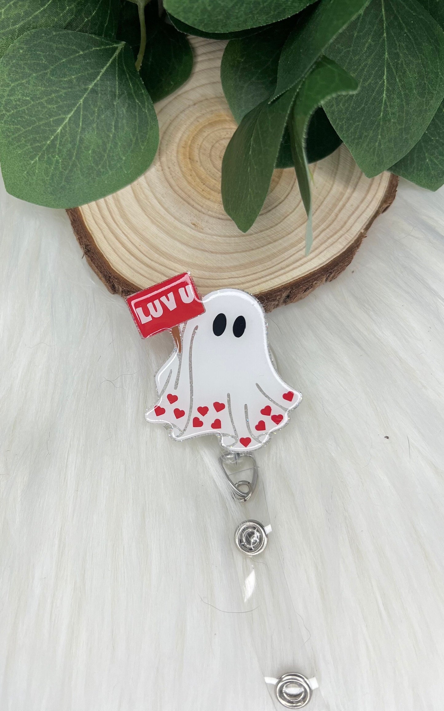 Glitter Ghost Badge Reel--Valentines Badge Reel-Nurse Badge Reel-Love Badge Reel-Glitter Badge Reel-Festive Badge Reel-Love Ghost Badge