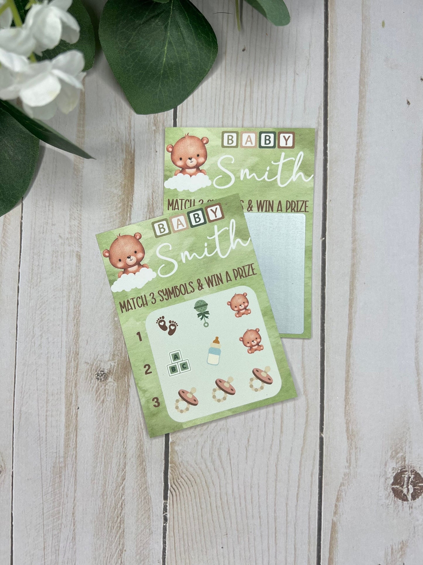 Green Boy Teddy Bear Scratch Game--Baby Lottery Game-Diaper Raffle Ticket-Custom Baby Game-Green Baby Shower Reveal-Sage Scratch Off Game