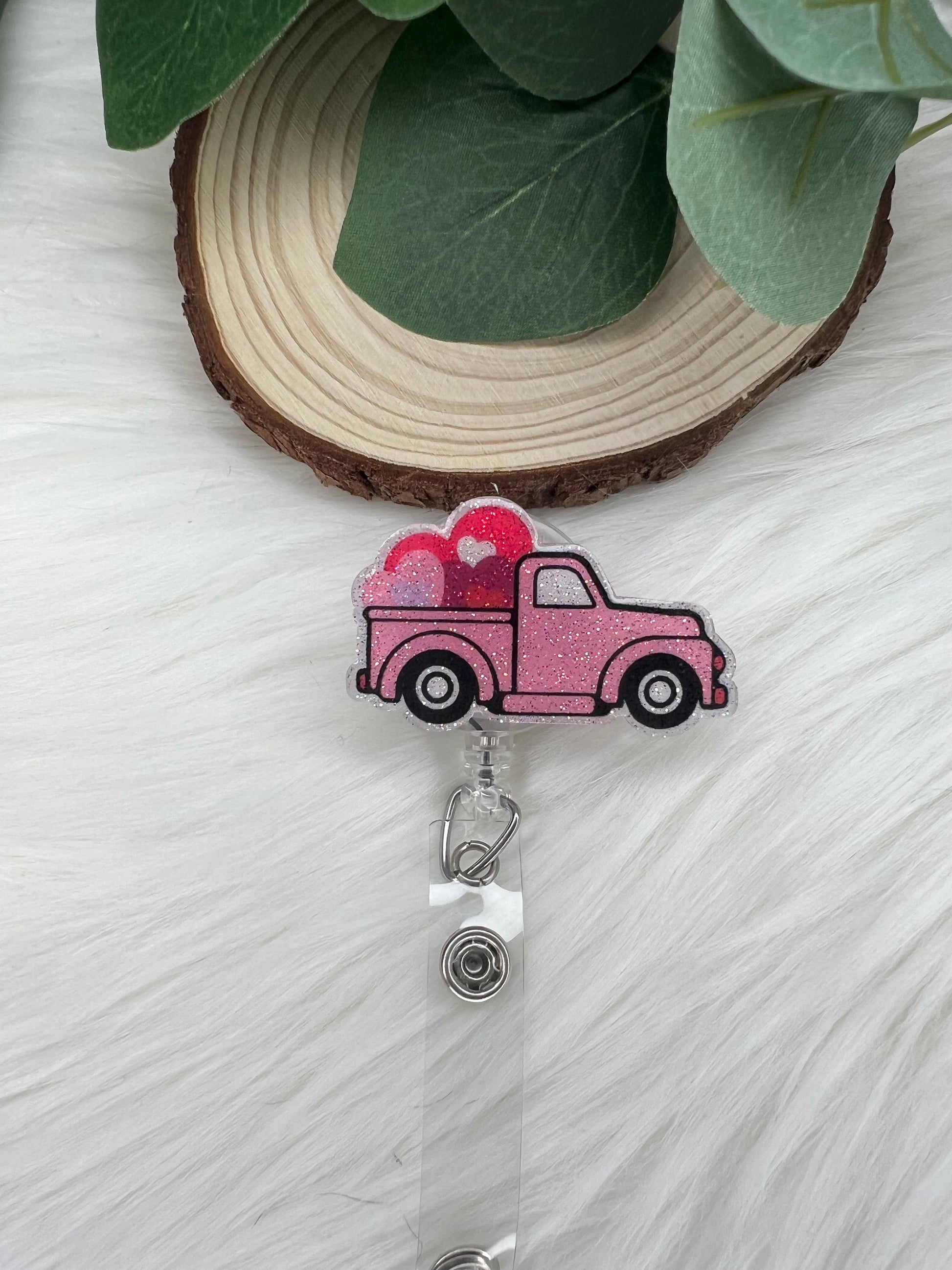 Pink Heart Valentines Truck Glitter Badge Reel--Valentines Badge Reel-Love Day Badge Reel-Glitter Badge Reel-Festive Farmhouse Badge Reel