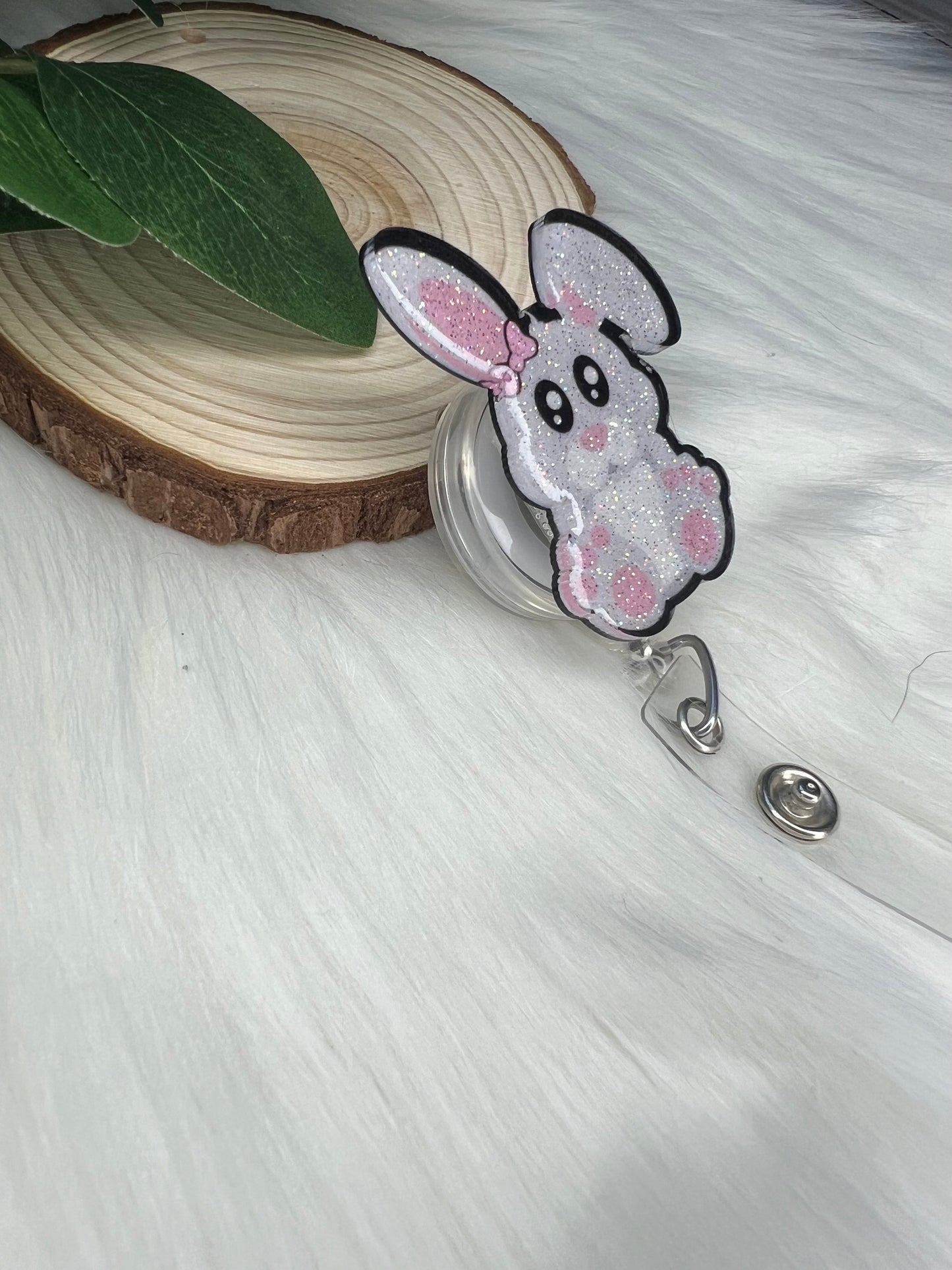 Gray Bunny Badge Reel--Easter Badge Reel-Spring Badge Reel-Glitter Badge Reel-Easter Bunny Badge Reel-Rabbit Mom Badge