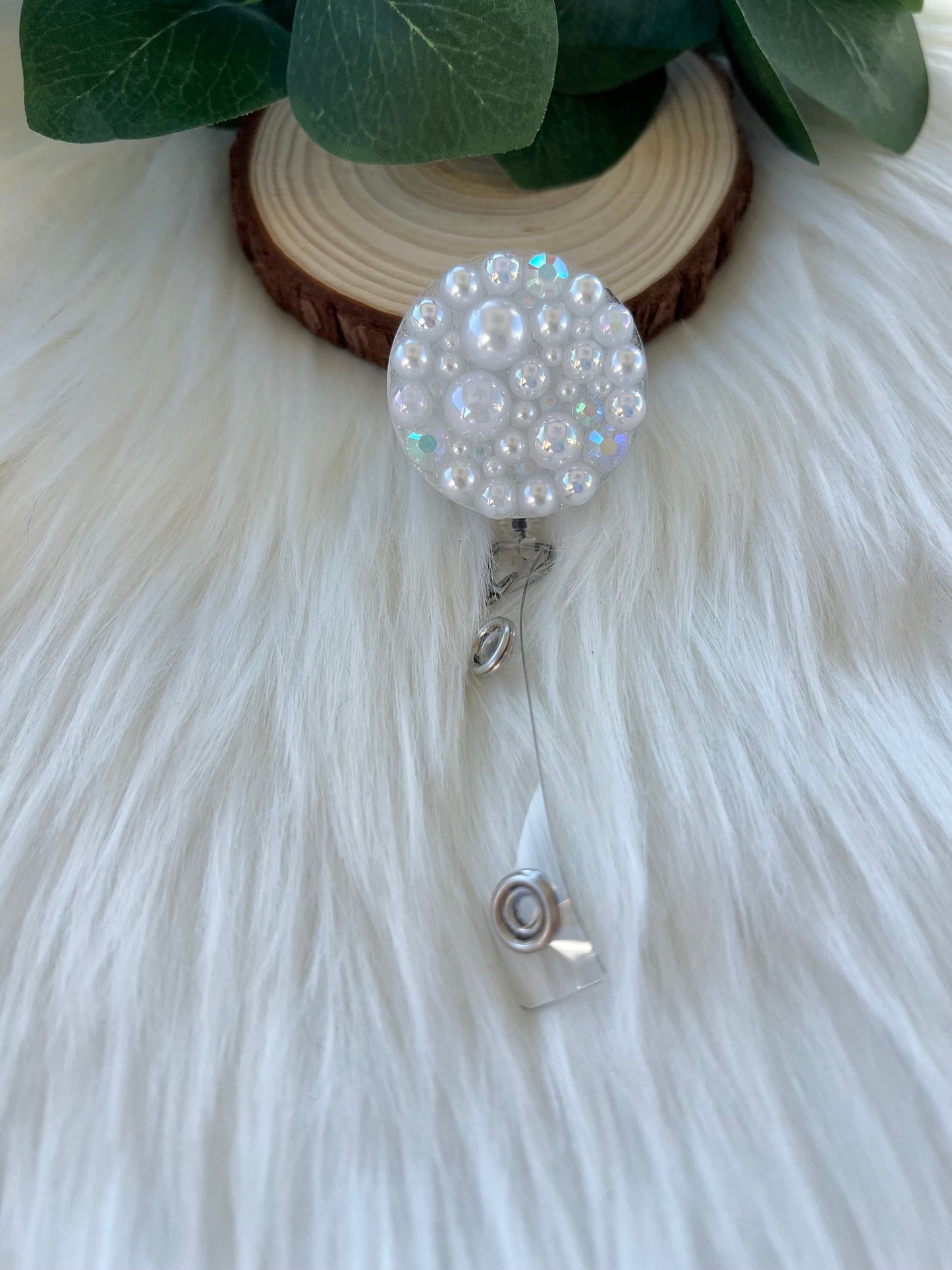 White Pearl and Rhinestone Badge Reel--Heart Badge Reel-Pearl Badge Reel-Pearl Badge Holder-Badge Reel Cute-Glitter Badge Reel