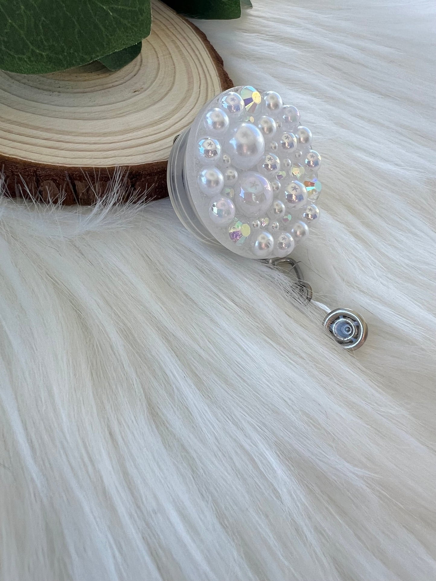 White Pearl and Rhinestone Badge Reel--Heart Badge Reel-Pearl Badge Reel-Pearl Badge Holder-Badge Reel Cute-Glitter Badge Reel