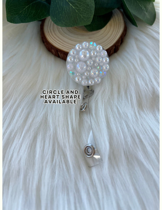 White Pearl and Rhinestone Badge Reel--Heart Badge Reel-Pearl Badge Reel-Pearl Badge Holder-Badge Reel Cute-Glitter Badge Reel