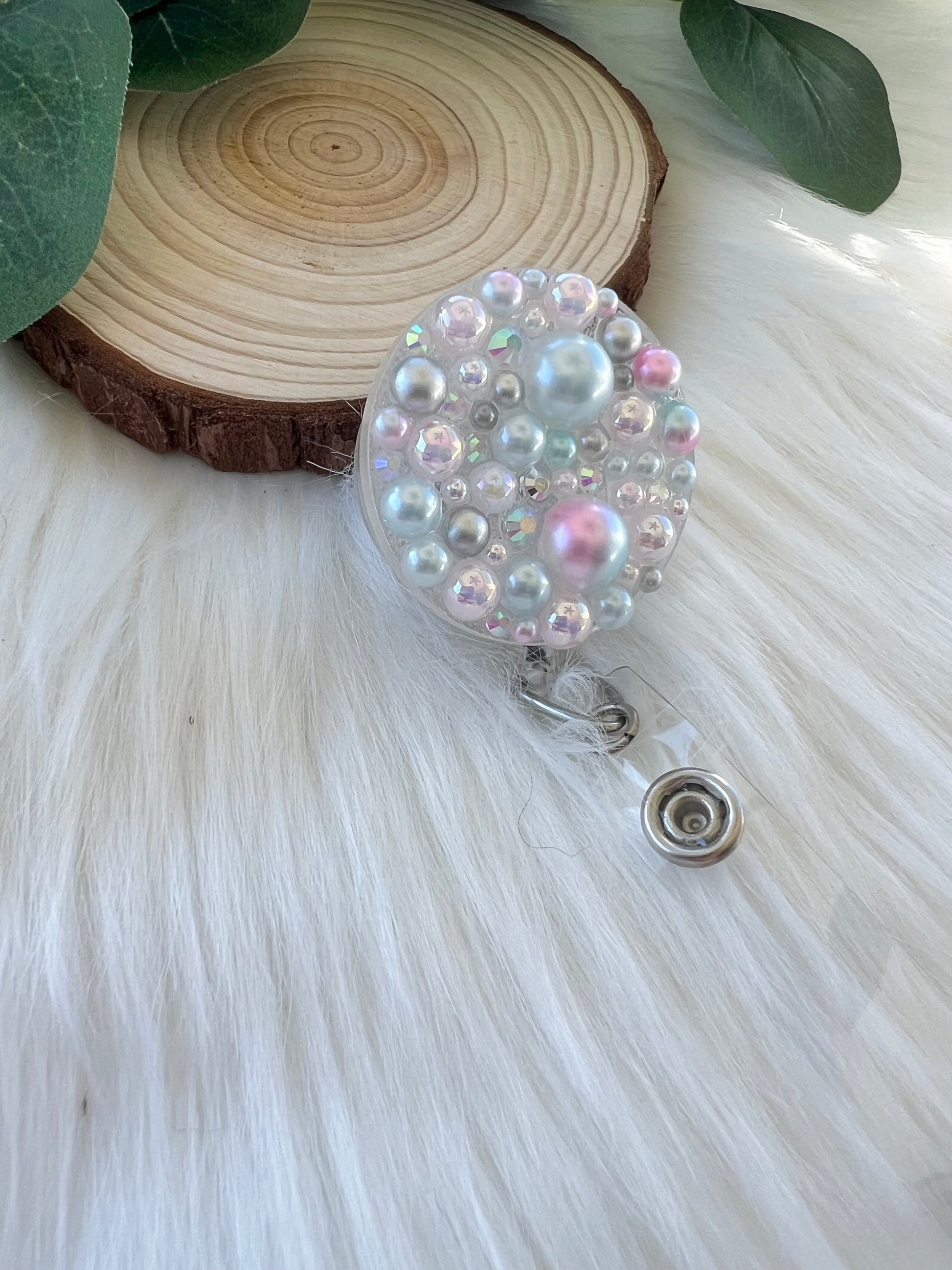 Blue and Pink Pearl and Rhinestone Badge Reel--Heart Badge Reel-Pearl Badge Reel-Pearl Badge Holder-Badge Reel Cute-Glitter Badge Reel