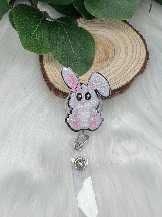 Gray Bunny Badge Reel--Easter Badge Reel-Spring Badge Reel-Glitter Badge Reel-Easter Bunny Badge Reel-Rabbit Mom Badge