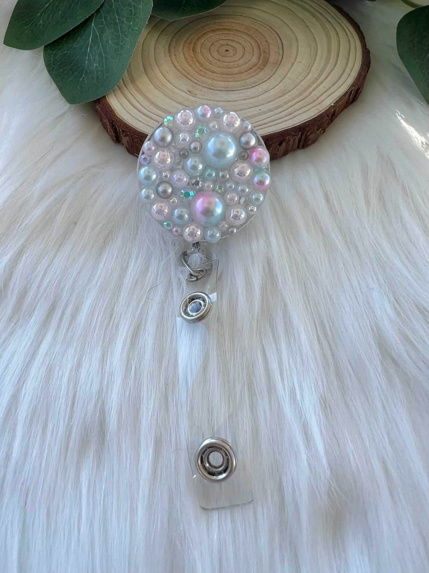 Blue and Pink Pearl and Rhinestone Badge Reel--Heart Badge Reel-Pearl Badge Reel-Pearl Badge Holder-Badge Reel Cute-Glitter Badge Reel