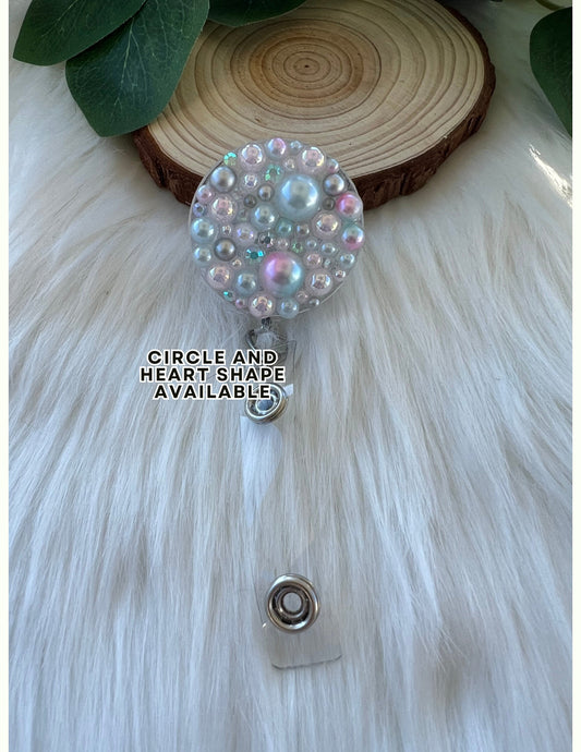 Blue and Pink Pearl and Rhinestone Badge Reel--Heart Badge Reel-Pearl Badge Reel-Pearl Badge Holder-Badge Reel Cute-Glitter Badge Reel