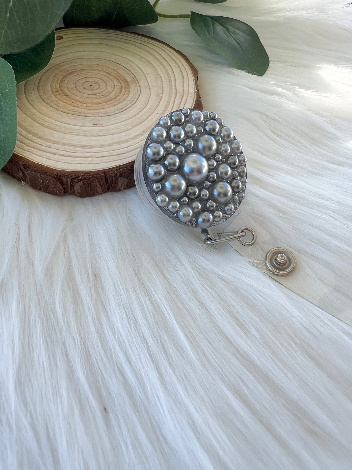 Dark Gray Pearl Badge Reel--Heart Badge Reel-Pearl Badge Reel-Pearl Badge Holder-Badge Reel Cute-Glitter Badge Reel-Flashy Badge